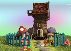 Chatka w kształcie buta, grzyby i pisanki w trawie w grafice komputerowej 2D
