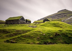 Chaty na wzgórzu w miejscowości Saksun na Wyspach Owczych