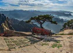 Chiny, Prowincja Shaanxi, Huayin, Góry, Mount Hua, Znaki, Sosna, Drzewa, Skały