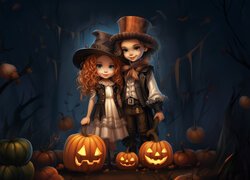 Chłopczyk i dziewczynka obok świecących dyń na Halloween