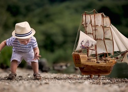 Dziecko, Chłopczyk, Statek, Żaglowiec