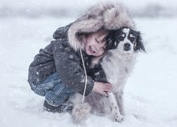 Pies, Chłopczyk, Zima, Śnieg, Radość