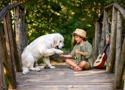 Chłopiec, Pies, Labrador retriever, Kładka, Mostek, Gitara