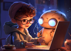 Chłopiec i robot przy laptopie