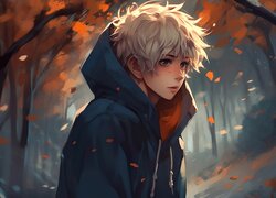 Chłopiec pod jesiennymi drzewami w grafice