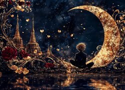 Fantasy, Noc, Półksiężyc, Chłopiec, Czerwone, Róże, Budowle