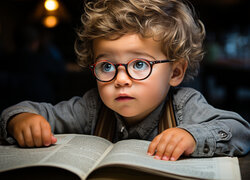 Chłopiec w okularach siedzący przy książce