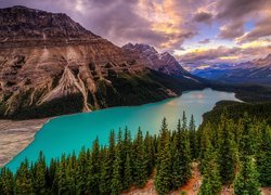 Góry, Canadian Rockies, Chmury, Jezioro Peyto Lake, Lasy, Drzewa, Park Narodowy Banff, Alberta, Kanada