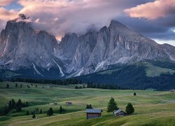 Dolomity, Góry, Sassolungo, Drewniane, Domki, Drzewa, Łąki, Chmury, Płaskowyż, Seiser Alm, Dolina, Val Gardena, Włochy