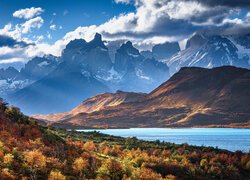 Góry, Torres del Paine, Jezioro, Pehoe Lake, Chmury, Roślinność, Chile, Patagonia, Ameryka Południowa
