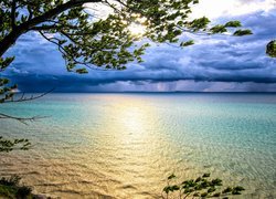 Jezioro Michigan, Drzewo, Zachód słońca, Chmury, Stany Zjednoczone