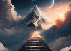 Chmury przy schodach na górę w grafice fantasy