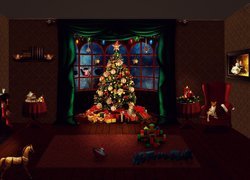 Boże Narodzenie, Pokój, Okno, Choinka, Prezenty, Zabawki, Kot, 2D
