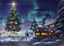 Choinka i rozświetlone domy w śniegu na tle zorzy polarnej