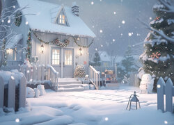 Choinka przed udekorowanym na święta domem w padającym śniegu w grafice