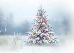Choinka, Kolorowe, Bombki, Śnieg, Zima, Boże Narodzenie