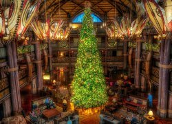 Boże Narodzenie, Choinka, Wnętrze, Jambo House, Hotel, Disneys Animal Kingdom Villas, Orlando, Stany Zjednoczone