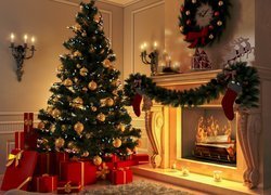 Boże Narodzenie, Choinka, Kominek, Prezenty