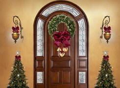 Boże Narodzenie, Dekoracja, Drzwi, Choinki, Wieniec, Lampy