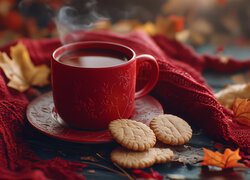 Ciasteczka obok czerwonej filiżanki z parującym napojem na czerwonym szalu