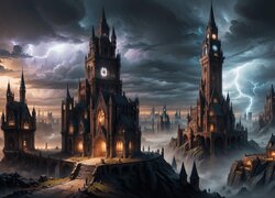 Ciemne chmury i błyskawica nad miastem w grafice fantasy