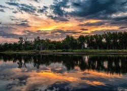 Wschód słońca, Ciemne, Chmury, Niebo, Drzewa, Jezioro, Lake Chatfield, Kolorado, Stany Zjednoczone