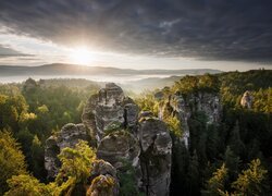 Wschód Słońca, Chmury, Góry Stołowe, Mgła, Skały, Las, Drzewa, Czeski Raj, Czechy