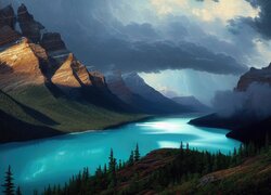 Ciemne chmury nad górami i jeziorem Peyto Lake