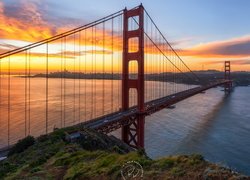 Most, Golden Gate Bridge, Cieśnina Golden Gate, San Francisco, Wschód słońca, Kalifornia, Stany Zjednoczone