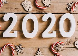 Nowy Rok, Cyfry, 2020, Śnieżynki, Lizaki, Ozdoby, Deski
