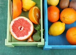 Owoce, Cytrusy, Grejpfrut, Pomarańcze, Cytryny, Listki, Skrzynki