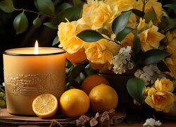 Cytryny i żółte kwiaty obok płonącej świecy