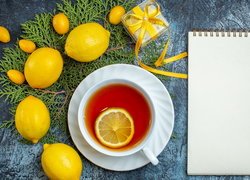 Cytryny na gałązkach obok filiżanki z herbatą i notesu