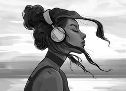 Czarno-biała grafika kobiety ze słuchawkami