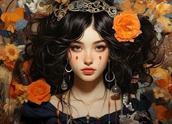 Kobieta, Czarnowłosa, Biżuteria, Kwiaty, 2D