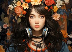 Czarnowłosa kobieta ze słuchawkami na szyi i kwiatami we włosach