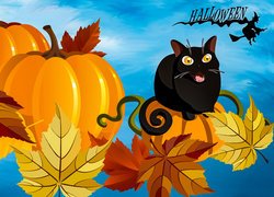 Czarny kot na dyni w kompozycji na Halloween