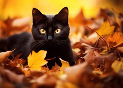 Czarny kot na jesiennych liściach