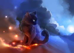 Czarny kot w chmurach nocą