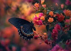 Czarny, Motyl, Kwiaty, Grafika