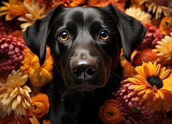 Czarny pies wśród rozświetlonych kwiatów