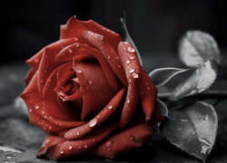 Czerwona róża pokryta kropelkami wody