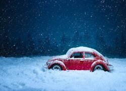 Zima, Śnieg, Czerwone, Autko, Zabawka, Model Volkswagen Beetle