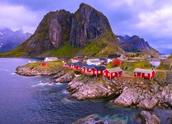 Norwegia, Lofoty, Hamnoy, Morze, Góry, Skały, Skały, Domy