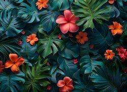 Czerwone, Pomarańczowe, Kwiaty, Liście, Monstera
