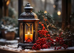Czerwone jagody obok lampionu z zapaloną świecą