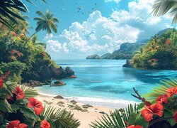 Morze. Plaża, Palmy, Kwiaty, Hibiskus, Roślinność