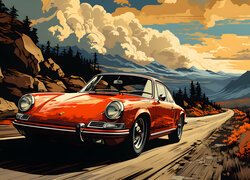Czerwone Porsche na górskiej drodze w 2D