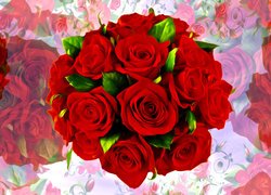 Czerwone róże i listki w bukiecie