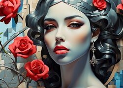 Czerwone róże i twarz czarnowłosej kobiety
